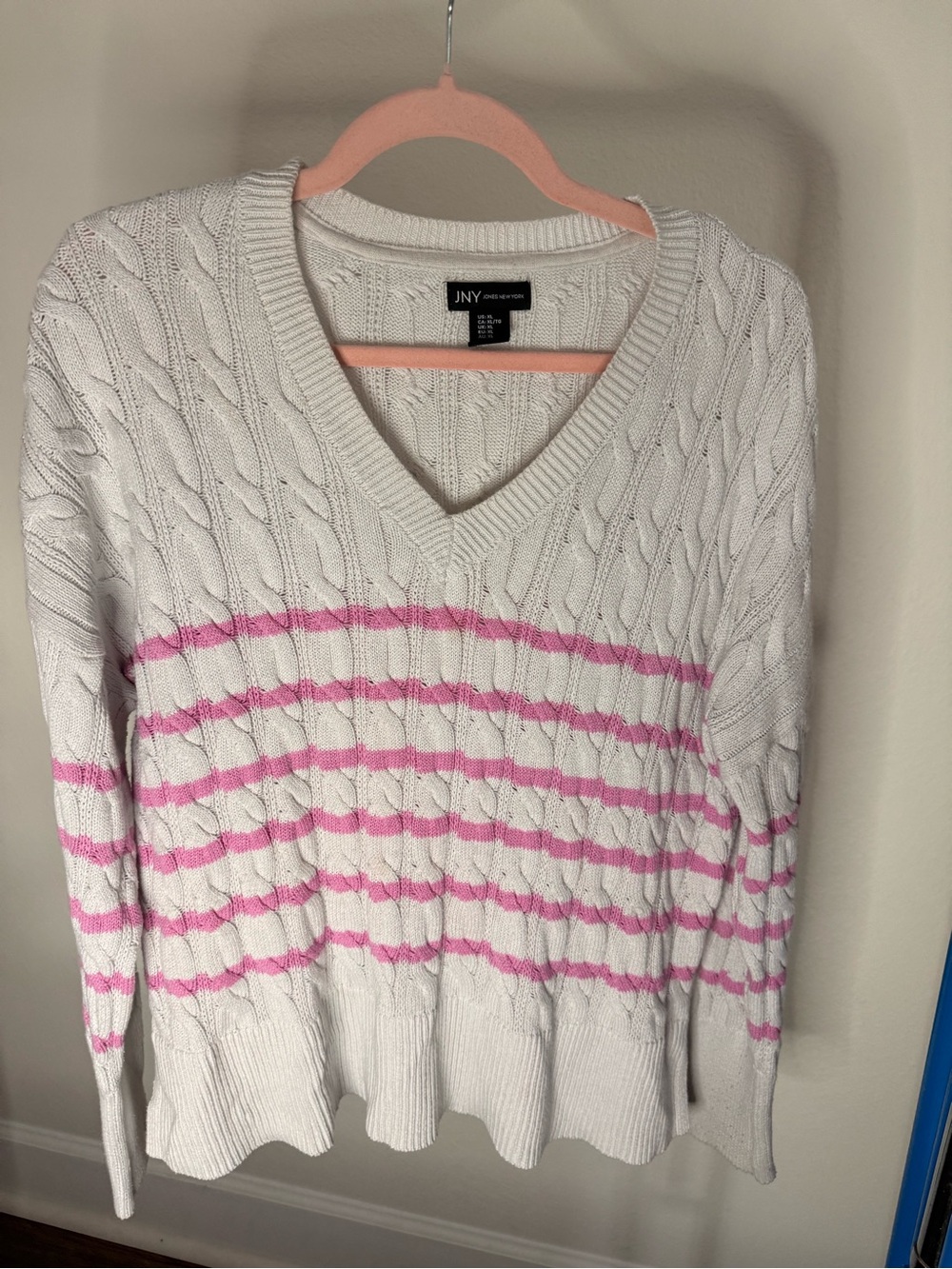 Jones New York White Cable-Knit V-Neck Sweater with Pink Stripes